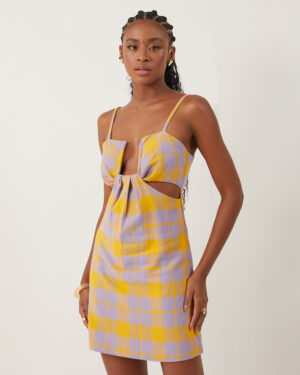 VESTIDO LINHO XADREZ LILAS/AMARELO