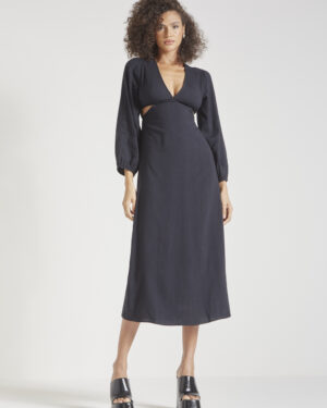 VESTIDO MIDI RECORTES LINHO PRETO