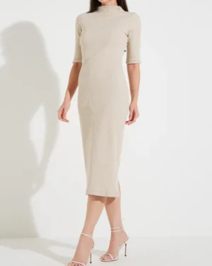 VESTIDO CANELADO BEGE CANELADO