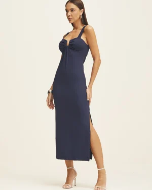 VESTIDO MIDI COM METALIZADO NO DECOTE E FENDA