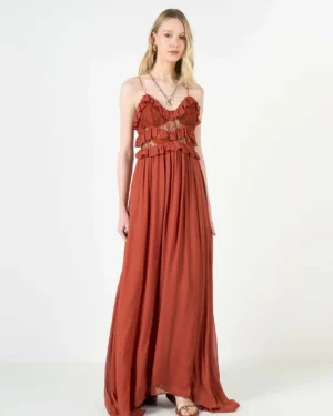 VESTIDO L'CECCI COMFORT LONGO COM BABADOS E RENDA