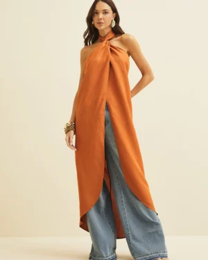 COORDENADO FORUM CALÇA/BLUSA LARANJA ALONGADA FRENTE UNICA TRANSPASSE EM LINHO