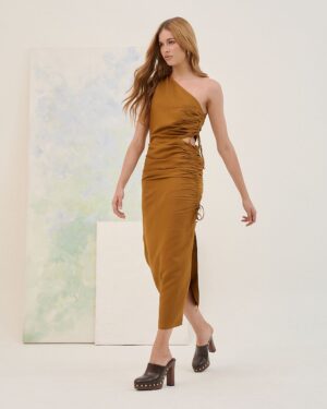 VESTIDO LINHO MARROM BURNT SUGAN