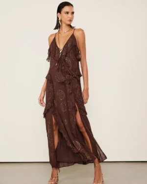VESTIDO MIDI BABADOS HOTFIX MARROM DRIES