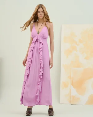 VESTIDO LONGO COM BABADOS E DECOTE EM V