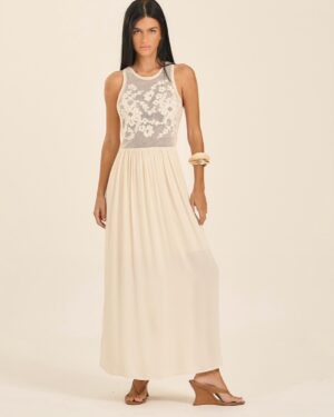 VESTIDO BORDADO BEGE PIVONE