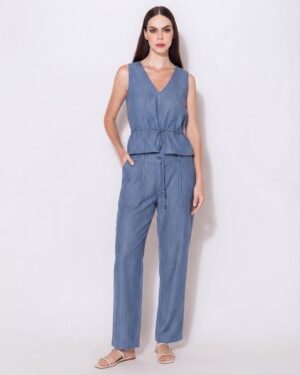 COORDENADO BLUSA/CALÇA DENIN LISTRA AZUL NAVY